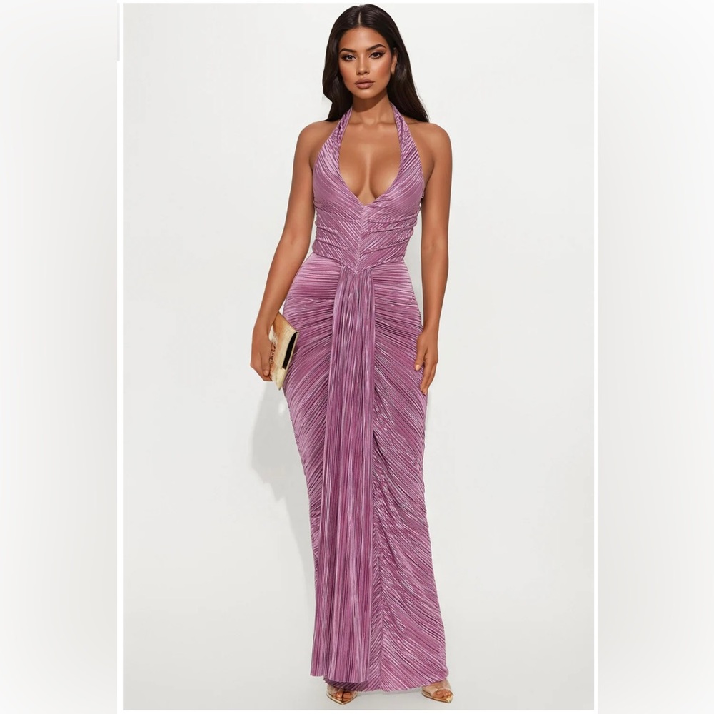 Mauve Pleated Halter Maxi Dress